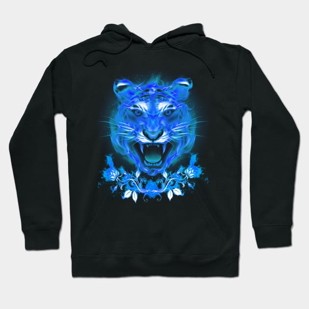 Blue Fire Tiger Cat And Roses Hoodie by Atteestude